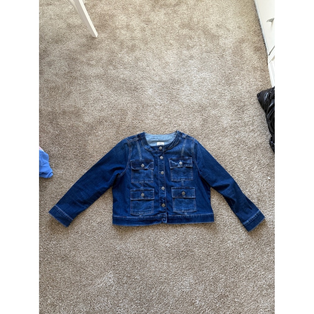 St. Johns Bay Denim Utility Jacket Collarless Dark Wash Blue Stretch Women PXL